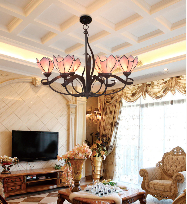 FUMAT Tiffany Style Stained Glass Handcrafted Pendant Light - Romantic Purple Flowers Design with 5 Lights