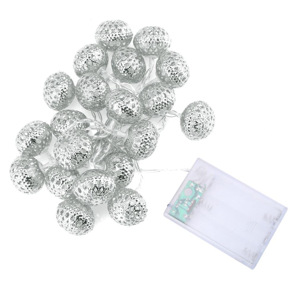 20PCS Metal Hollow LED Bulbs String Lights Fairy Balls for Garden Wedding Party (2.2 Meters) - Silver