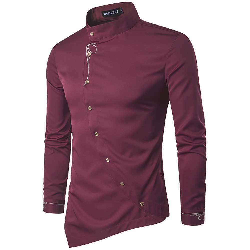 Men's Fashion Casual Long Sleeve Shirt Slim Fit Special Buttons Cotton Size S - Burgundy