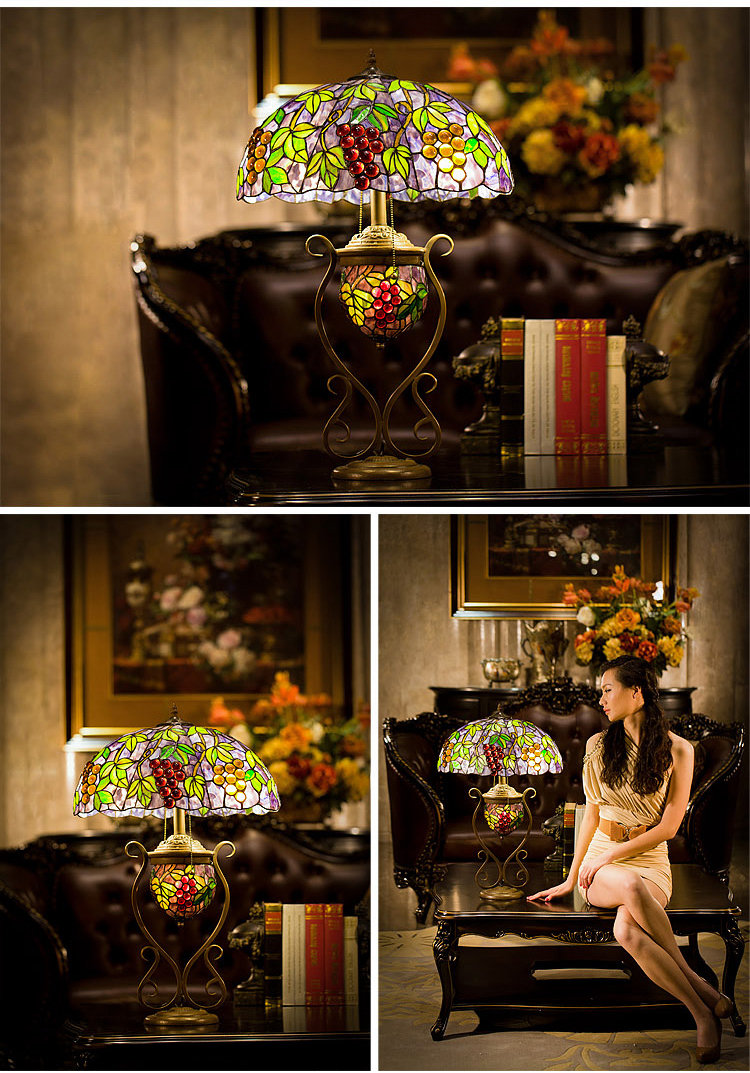 FUMAT 17" Tiffany Style Stained Glass Double Lit Table Lamp - Romantic Ripe Grapes Design