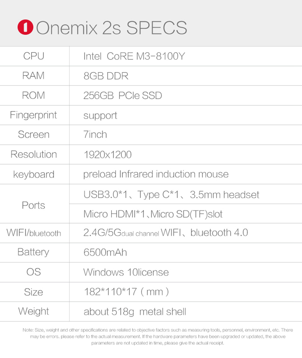 One Netbook One Mix 2S Yoga Pocket Laptop Intel Core M3-8100Y Dual Core Touch ID 7" IPS Screen 1920*1200 Windows 10 8GB DDR3 256GB PCI-E SSD - Silver