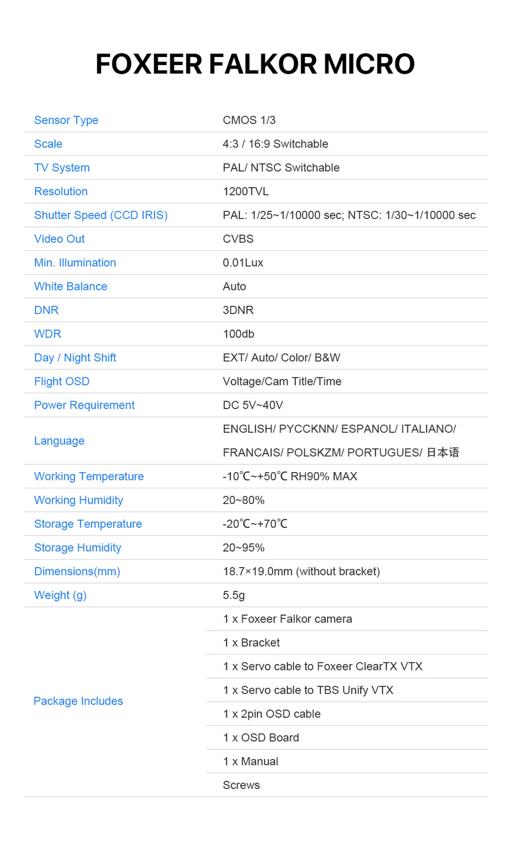 Foxeer Micro Falkor WDR 1.8mm 1/3 CMOS Sensor 1200TVL Wide Voltage 5-40V OSD FPV Camera 16:9 4:3 N/P Switchable - Red