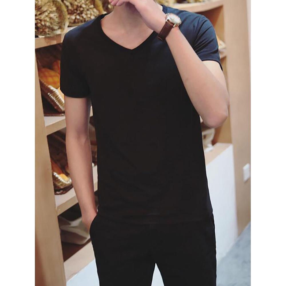 Men's Basic V-neck Short Sleeve T-shirt (Personality Tee Cultivating Size M) - Black