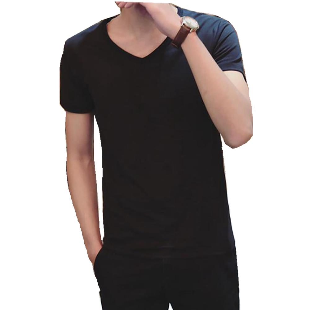 Men's Basic V-neck Short Sleeve T-shirt (Personality Tee Cultivating Size M) - Black