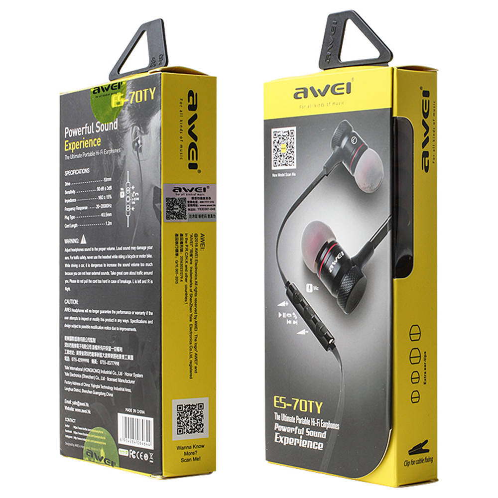 Awei ES-70TY Wired Earphone with Mic Wire Control 3.5mm Headsets - Black