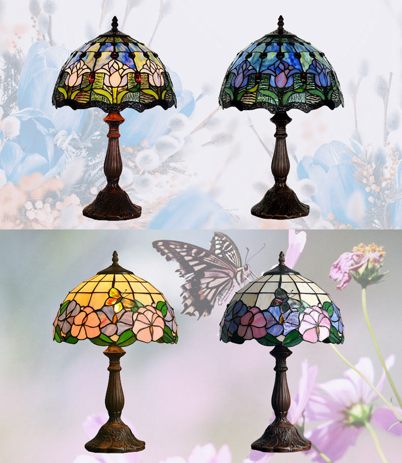 FUMAT Tiffany Style Stained Glass Table Lamp - Romantic Blue Tulip Design