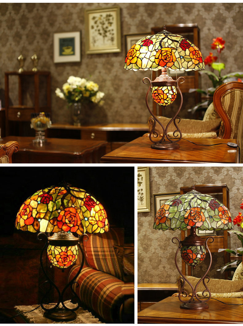 FUMAT 17" Tiffany Style Stained Glass Double Lit Table Lamp - Romantic Ripe Grapes Design