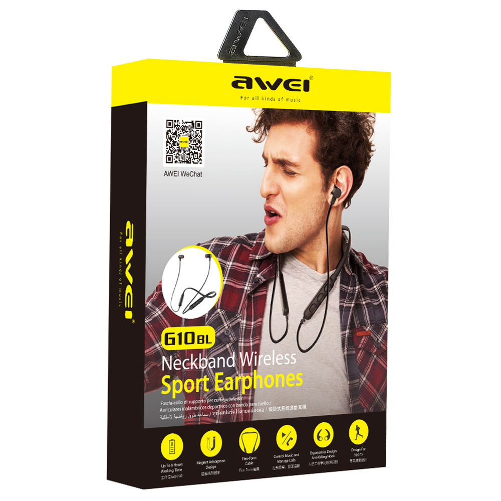 Awei G10BL Neckband Wireless Bluetooth Sport Earphones Magnetic Music Headphones - Black