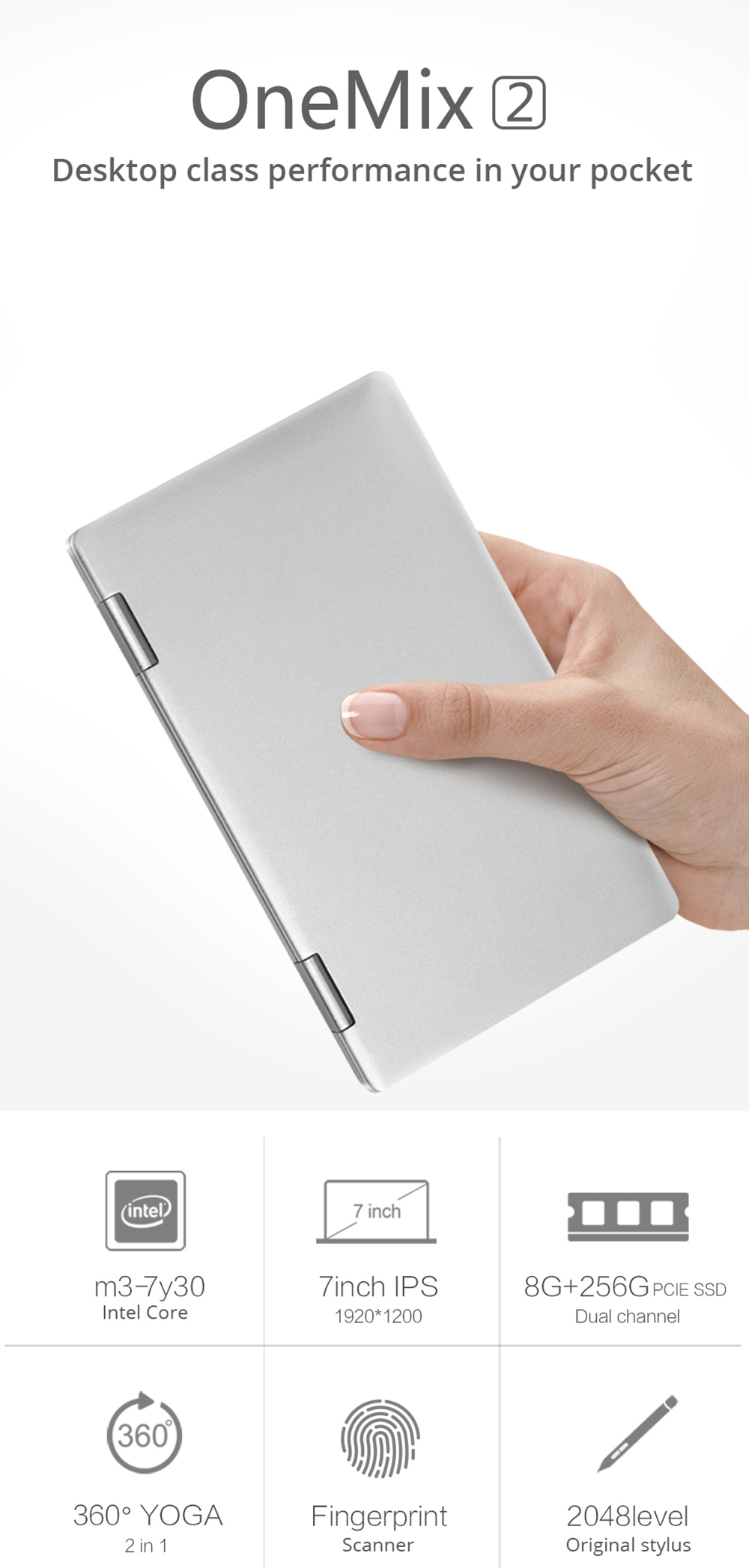 One Netbook One Mix 2 Yoga Pocket Laptop Intel Core m3-7Y30 Quad Core Touch ID 7" IPS Screen 1920*1200 Windows 10 8GB DDR3 256GB PCI-E SSD - Silver