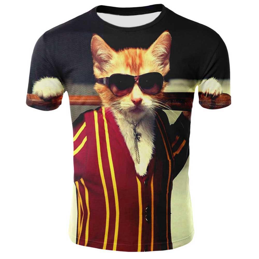 3D Digital Printed Sunglasses Cat Pattern Men's Summer Short Sleeve T-shirt Size M - Multi-color