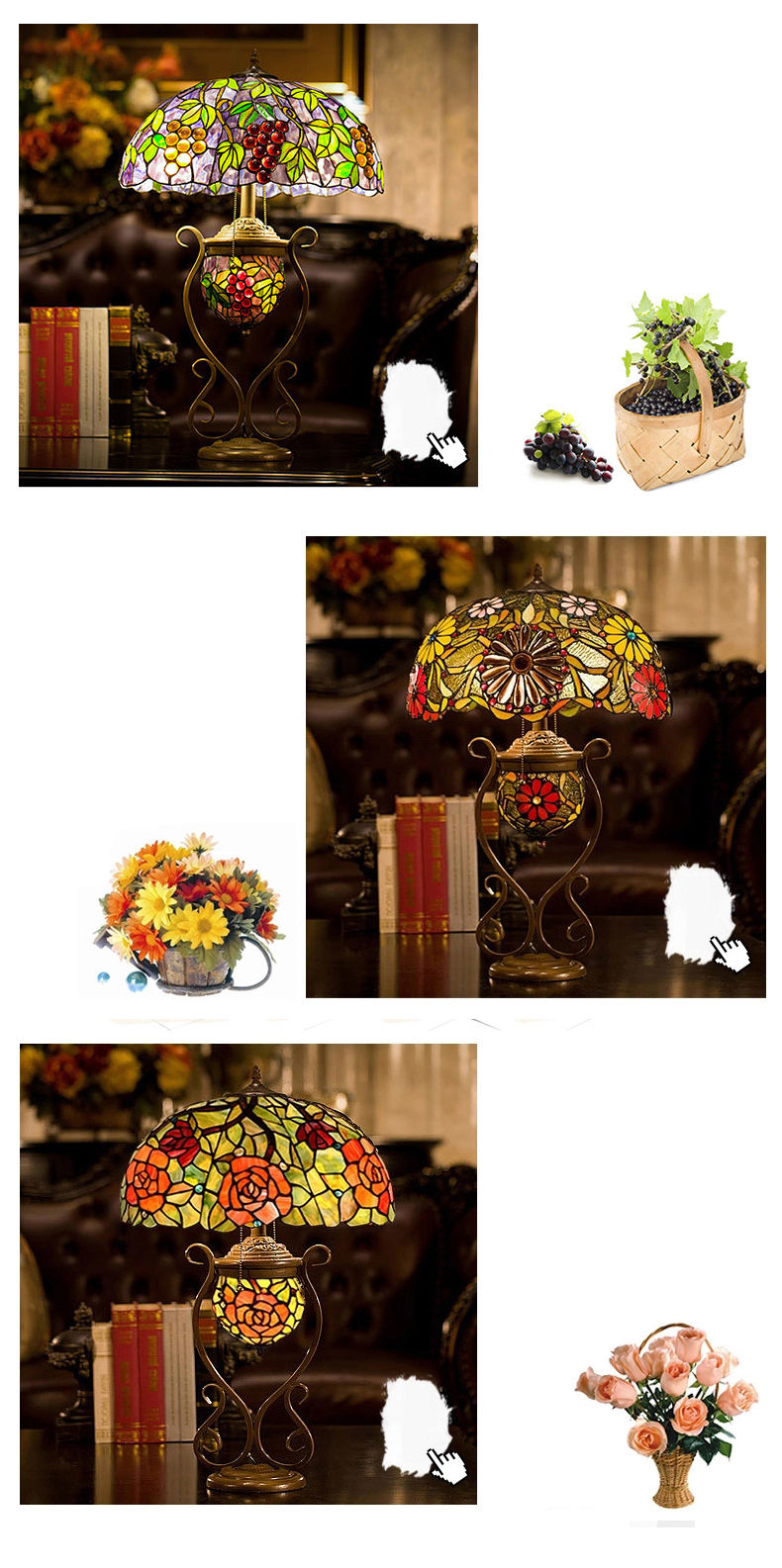 FUMAT 17" Tiffany Style Stained Glass Double Lit Table Lamp - Romantic Ripe Grapes Design