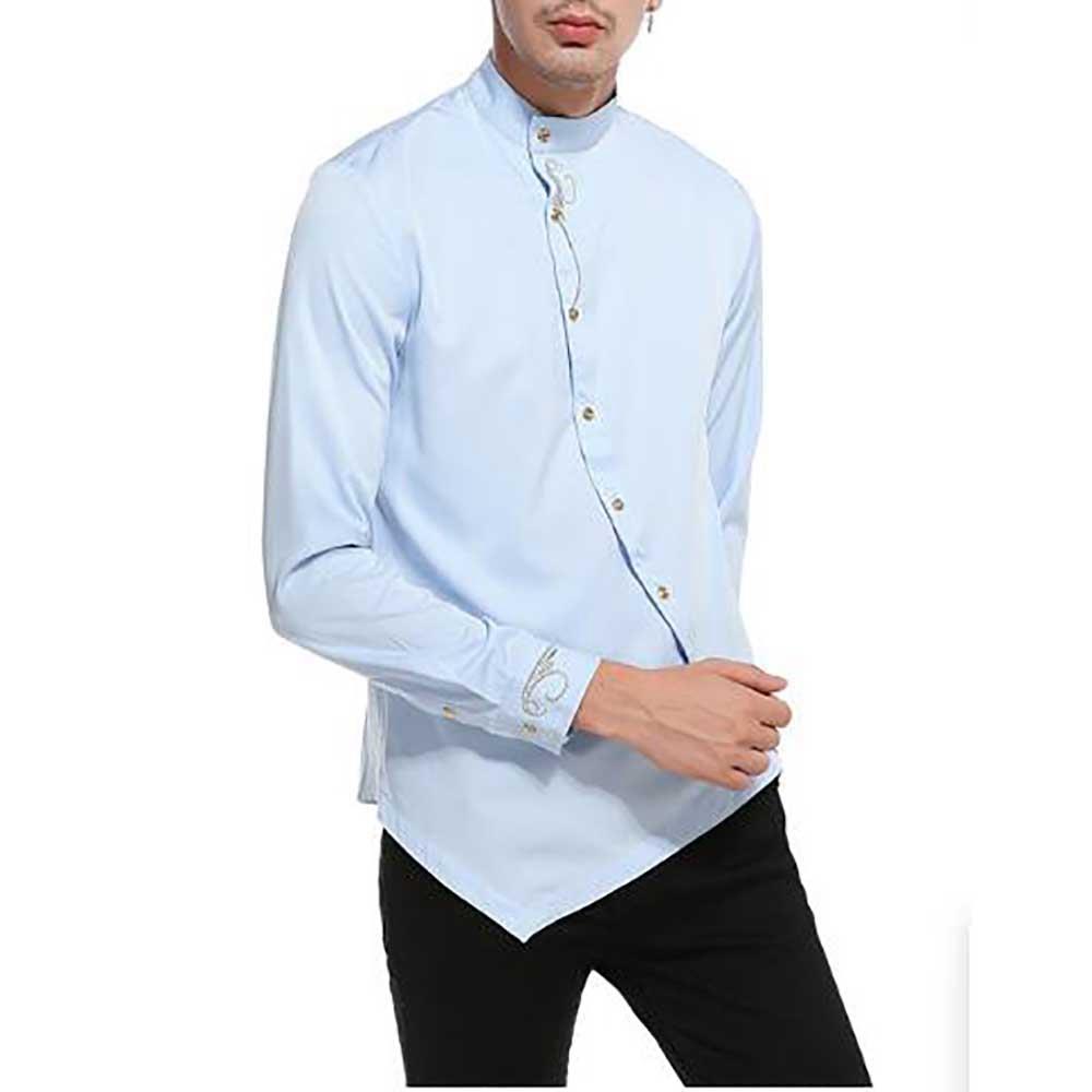 Men's Fashion Casual Long Sleeve Shirt Slim Fit Special Buttons Cotton Size S - Light Blue