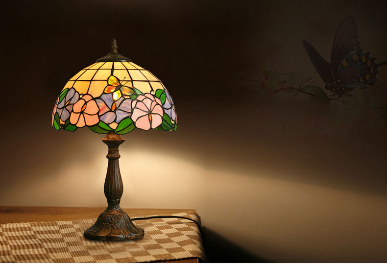FUMAT Tiffany Style Stained Glass Table Lamp - Romantic Blue Tulip Design