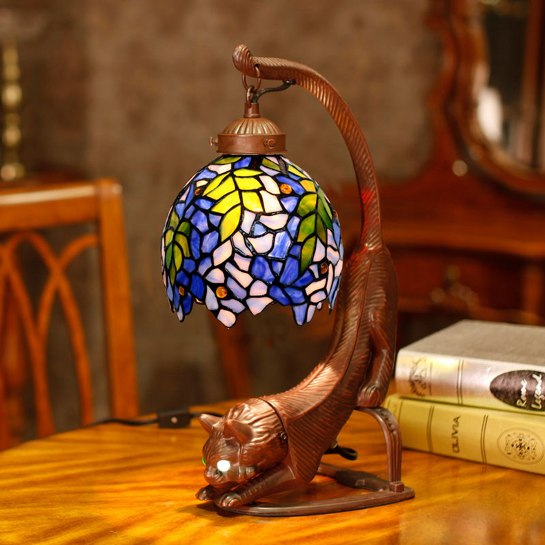 FUMAT Tiffany Style Stained Glass Handcrafted Table Lamp - Retro Cat Base Wisteria Design