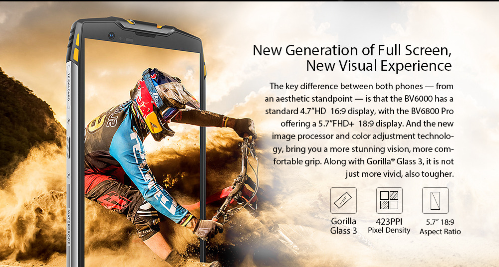 Blackview BV6800 Pro 5.7 Inch 4G LTE Smartphone MT6750T 4GB 64GB 16.0MP Dual Rear Cameras Android 8.0 IP68 Wireless Charging 6580mAh Type-C NFC - Yellow