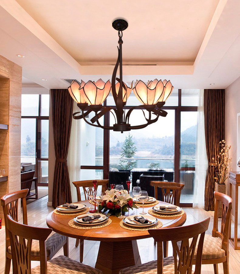 FUMAT Tiffany Style Stained Glass Handcrafted Pendant Light - Romantic Purple Flowers Design with 5 Lights