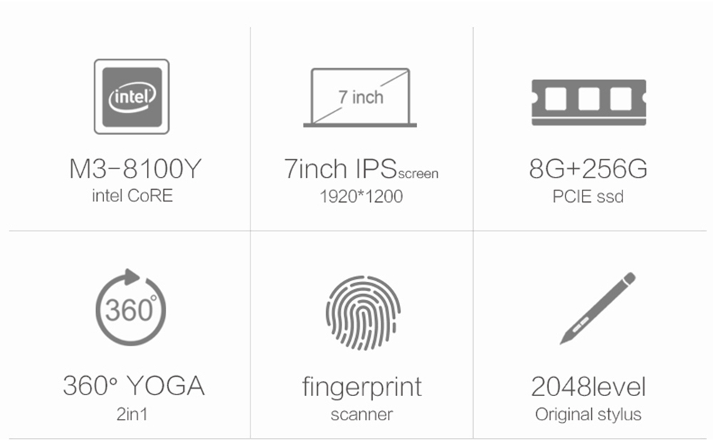 One Netbook One Mix 2S Yoga Pocket Laptop Intel Core M3-8100Y Dual Core Touch ID 7" IPS Screen 1920*1200 Windows 10 8GB DDR3 256GB PCI-E SSD - Silver