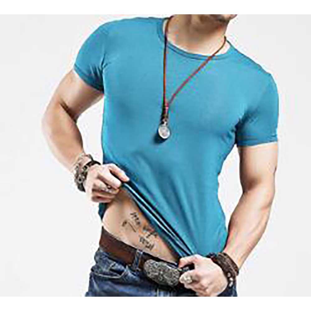 Men Solid Color Casual T-shirt Cotton Crewneck Short Sleeve Size 2XL - Blue