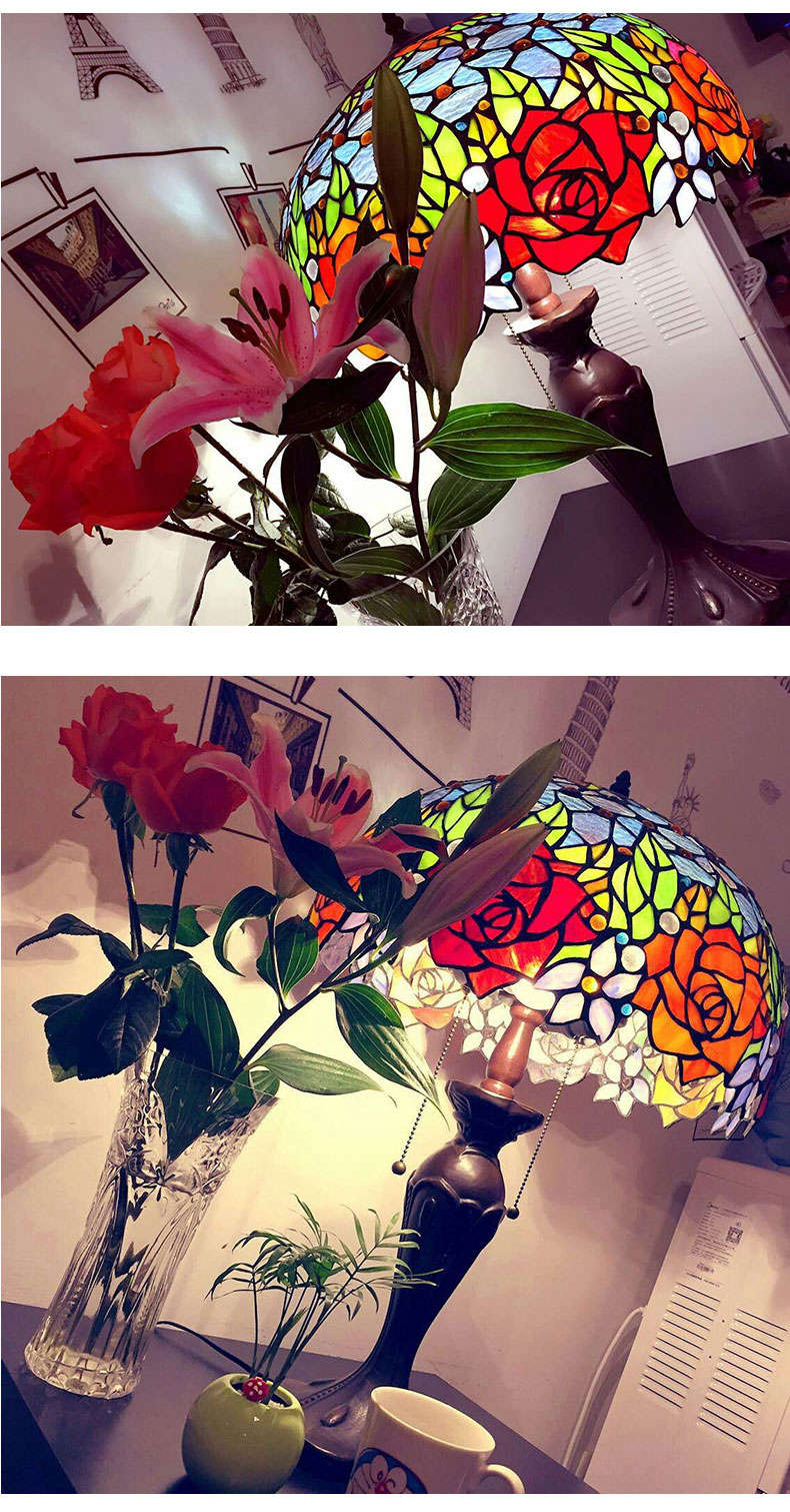 FUMAT Tiffany Style Stained Glass Table Lamp - Romantic Grape Rose Design(768 PCS Glass)