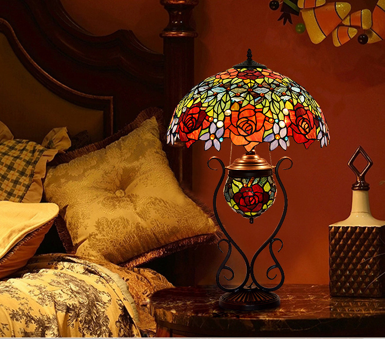 FUMAT 17" Tiffany Style Stained Glass Double Lit Table Lamp - Romantic Ripe Grapes Design