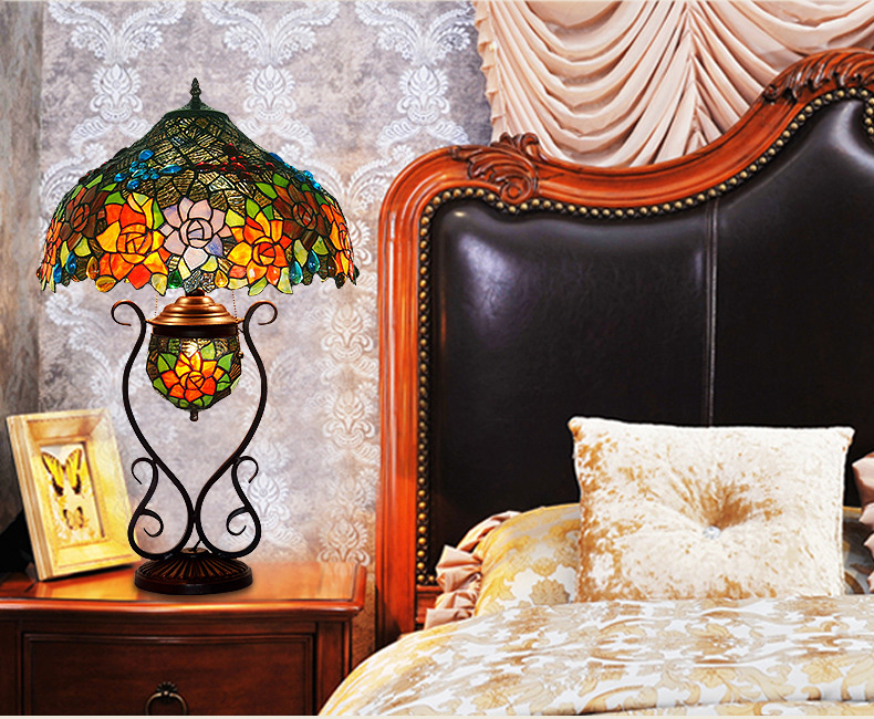 FUMAT 17" Tiffany Style Stained Glass Double Lit Table Lamp - Romantic Ripe Grapes Design