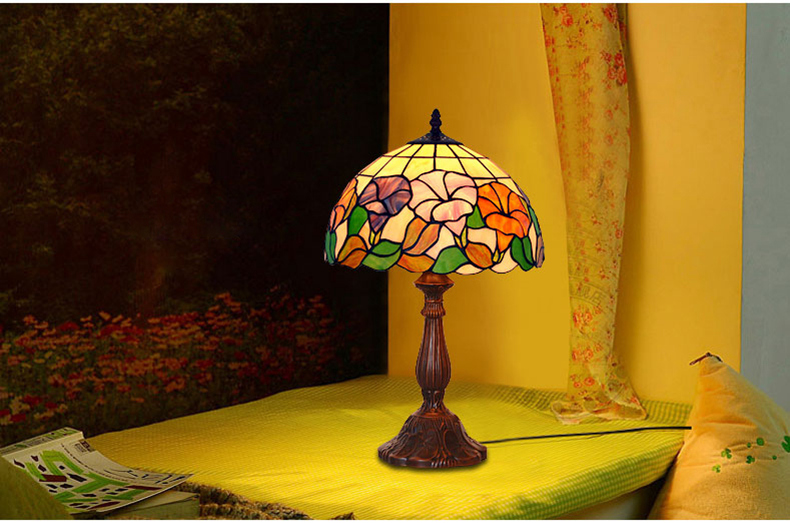 FUMAT Tiffany Style Stained Glass Table Lamp - Romantic Blue Tulip Design