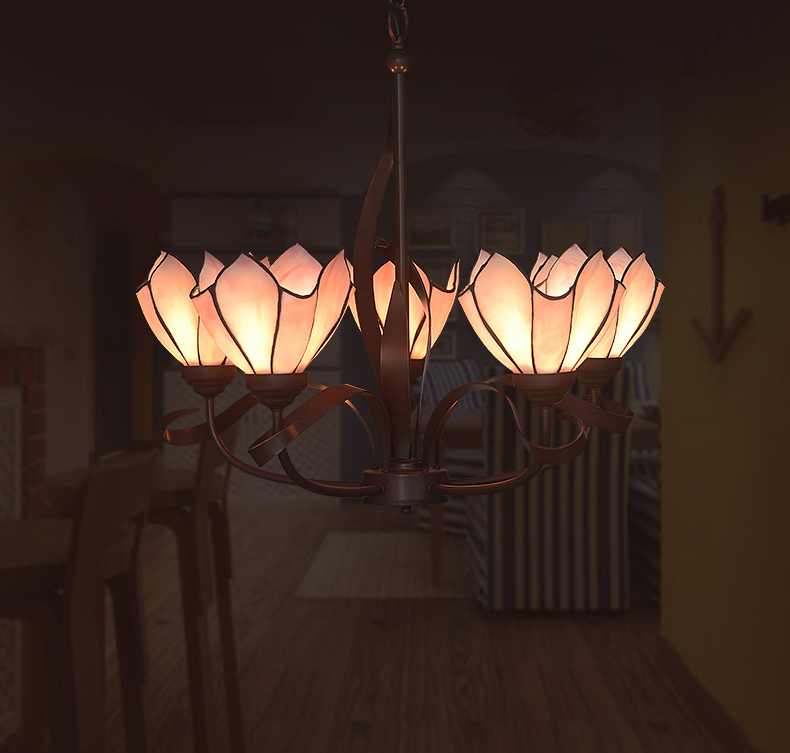 FUMAT Tiffany Style Stained Glass Handcrafted Pendant Light - Romantic Purple Flowers Design with 5 Lights