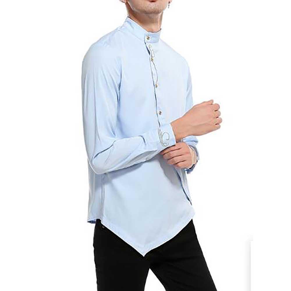 Men's Fashion Casual Long Sleeve Shirt Slim Fit Special Buttons Cotton Size S - Light Blue