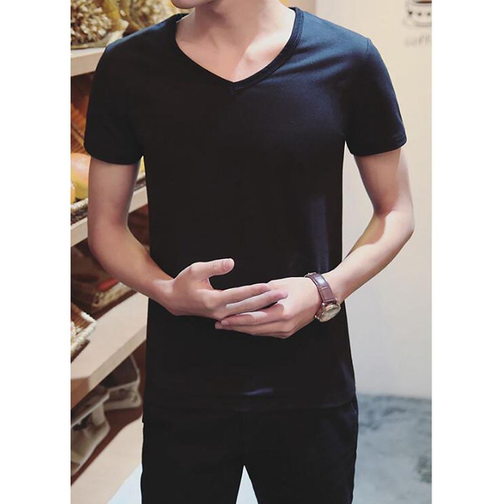Men's Basic V-neck Short Sleeve T-shirt (Personality Tee Cultivating Size M) - Black
