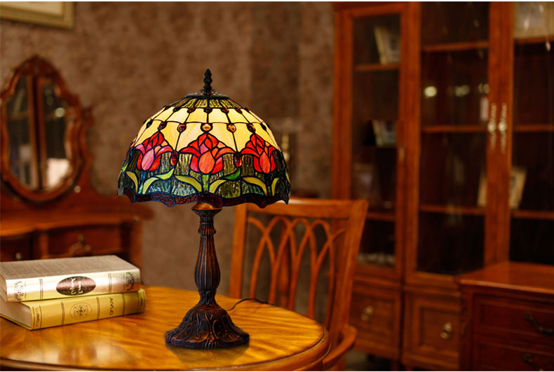 FUMAT Tiffany Style Stained Glass Table Lamp - Romantic Blue Tulip Design