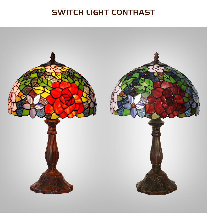FUMAT 12" Tiffany Style Stained Glass Table Lamp - Romantic Red Rose Design
