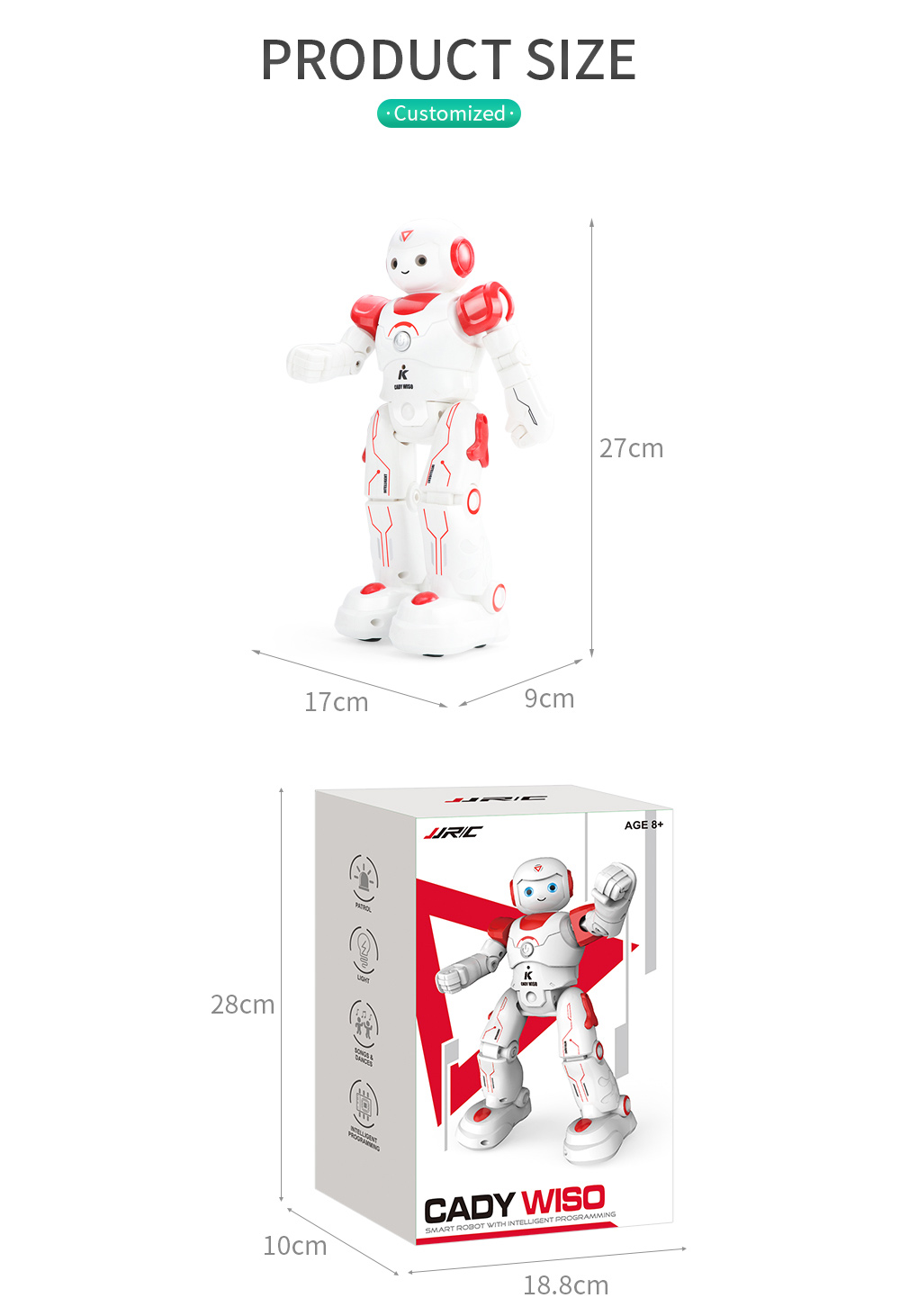 JJRC R12 Cady Wiso Programmable Dancing RC Robot Patrol Display Colorful Lights Kids Toys - Red