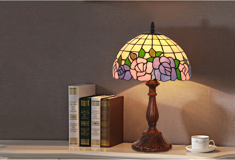 FUMAT Tiffany Style Stained Glass Table Lamp - Romantic Blue Tulip Design