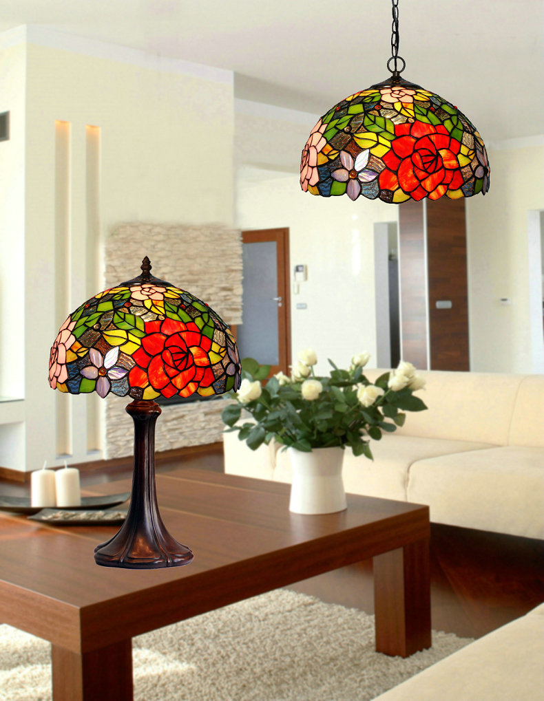 FUMAT 12" Tiffany Style Stained Glass Table Lamp - Romantic Rose Love Design