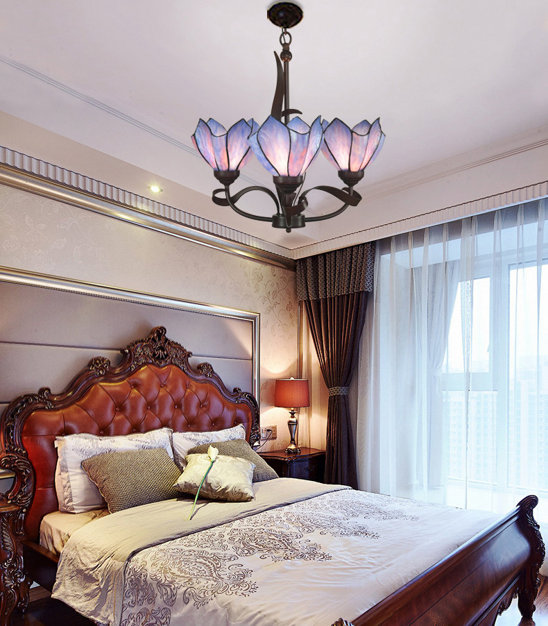 FUMAT Tiffany Style Stained Glass Handcrafted Pendant Light - Romantic Purple Flowers Design with 5 Lights