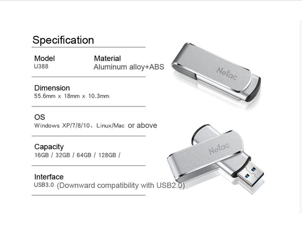 Netac U388 Rotary Metal 128GB USB Flash Drive USB3.0 Interface - Silver