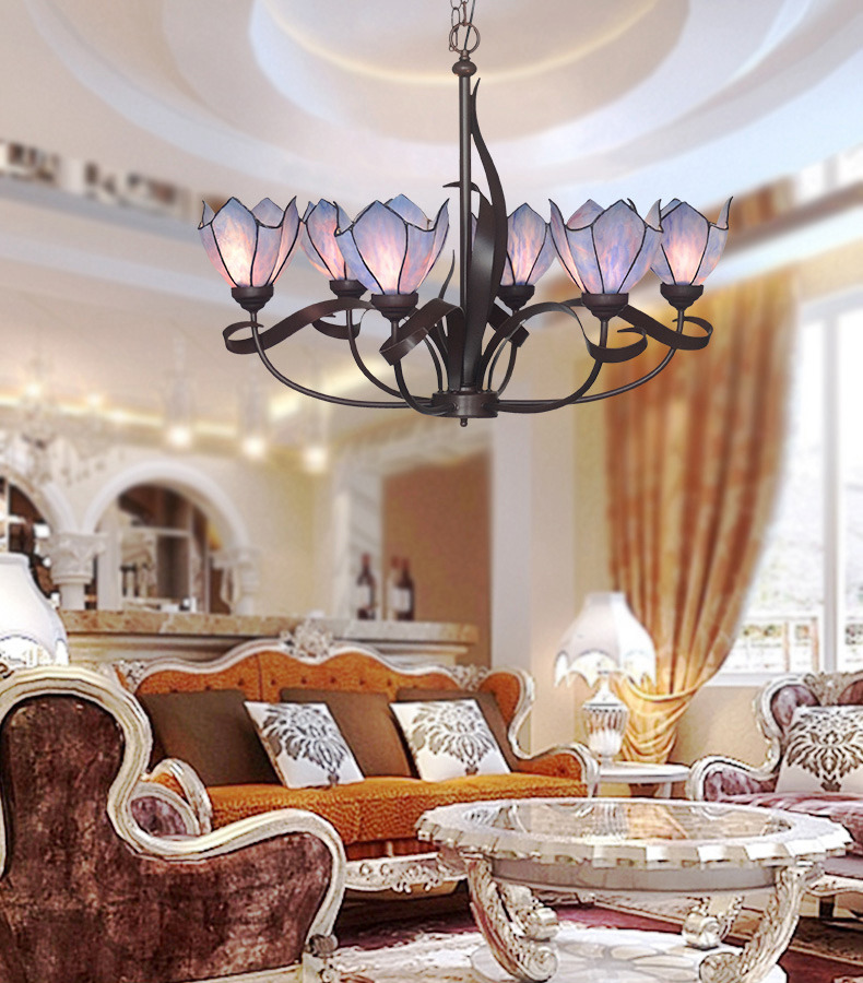 FUMAT Tiffany Style Stained Glass Handcrafted Pendant Light - Romantic Purple Flowers Design with 5 Lights