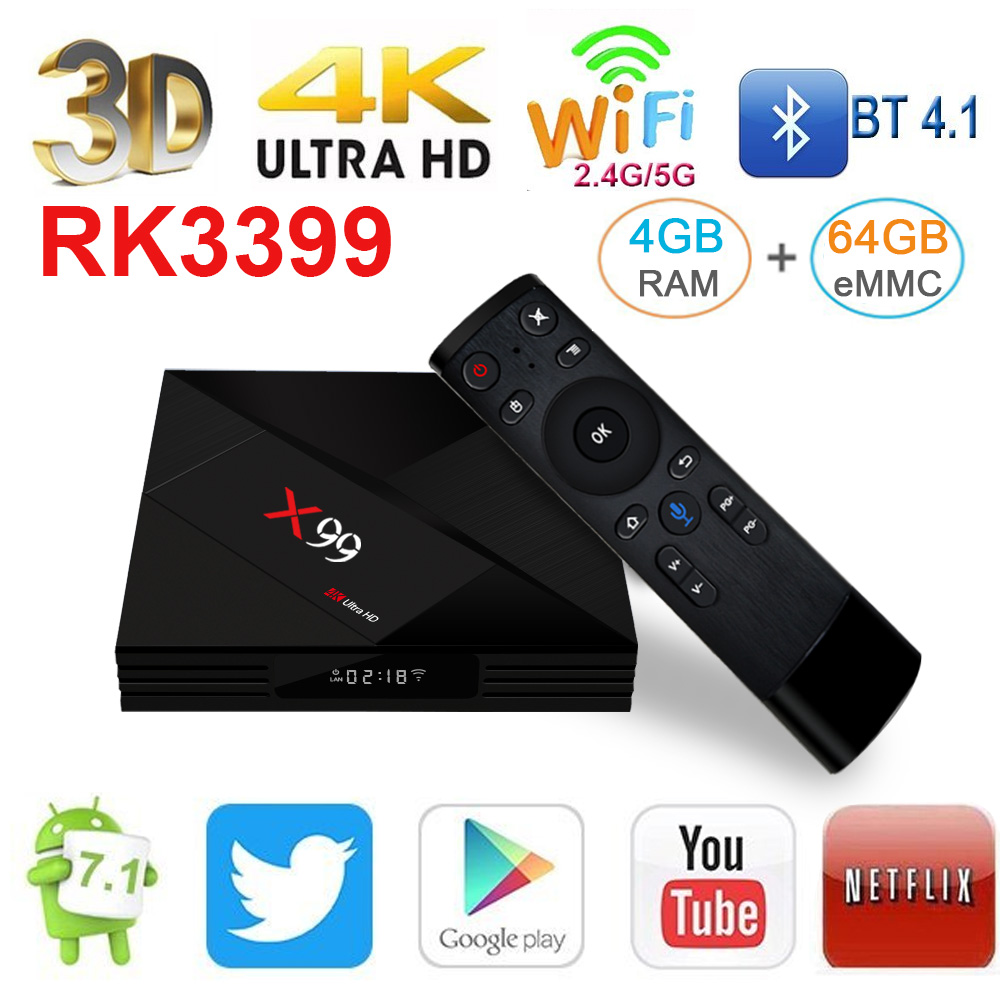 X99 KODI 18.0 4GB/64GB Android 7.1 RK3399 4K TV Box 2.4G/5G WiFi 1000M LAN Bluetooth Type-C USB3.0 VP9 H.265 LED Display
