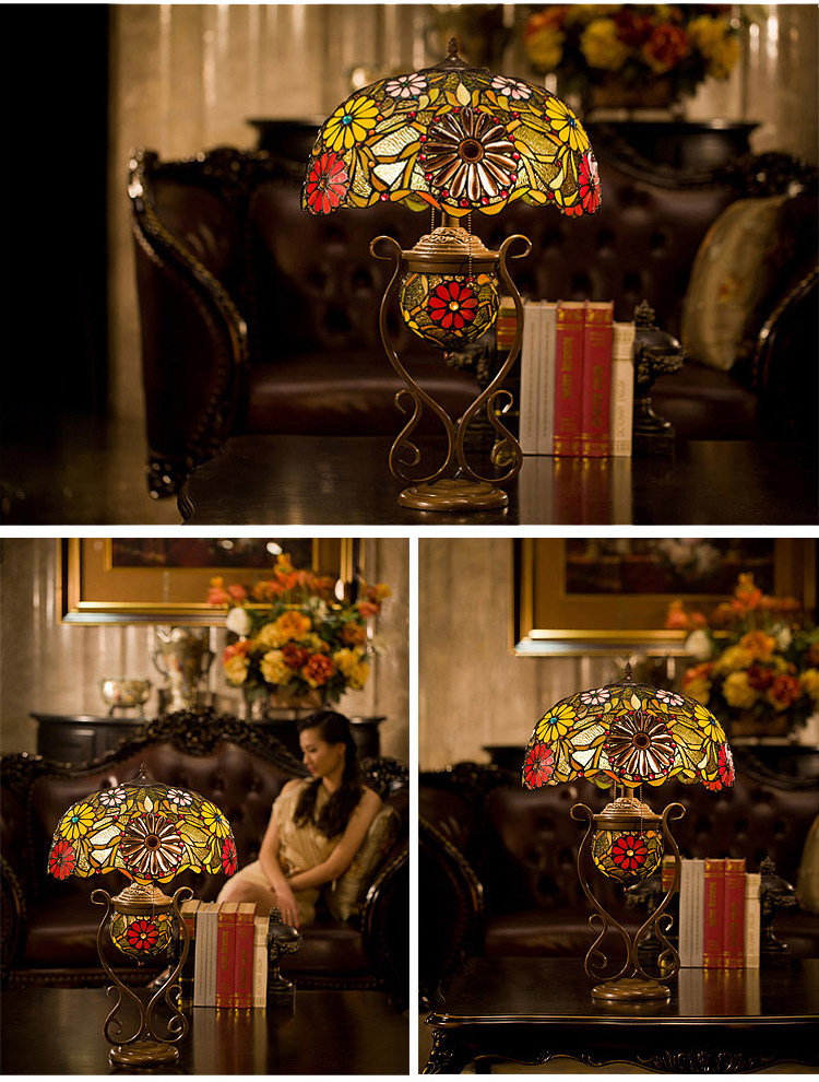 FUMAT 17" Tiffany Style Stained Glass Double Lit Table Lamp - Romantic Ripe Grapes Design