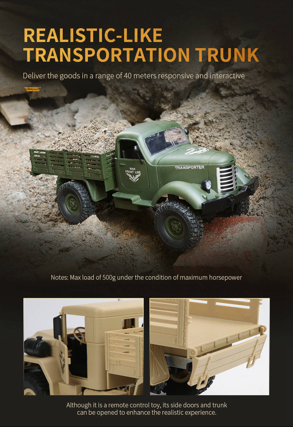 JJRC Q64 Transporter-5 2.4G 1:16 6WD Brushed Off-road RC Car Military Truck RTR - Khaki