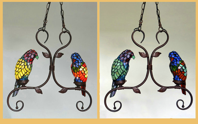 FUMAT Tiffany Style Stained Glass Handcrafted Pendant Light - Creative Dual Parrot Hanging Lamp