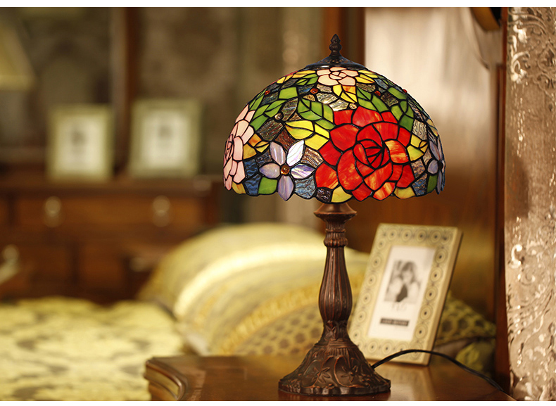 FUMAT 12" Tiffany Style Stained Glass Table Lamp - Romantic Red Rose Design