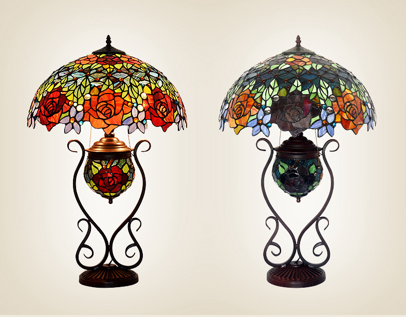 FUMAT 17" Tiffany Style Stained Glass Double Lit Table Lamp - Romantic Ripe Grapes Design