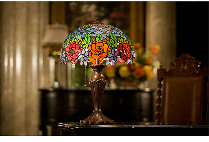 FUMAT Tiffany Style Stained Glass Table Lamp - Romantic Grape Rose Design(768 PCS Glass)