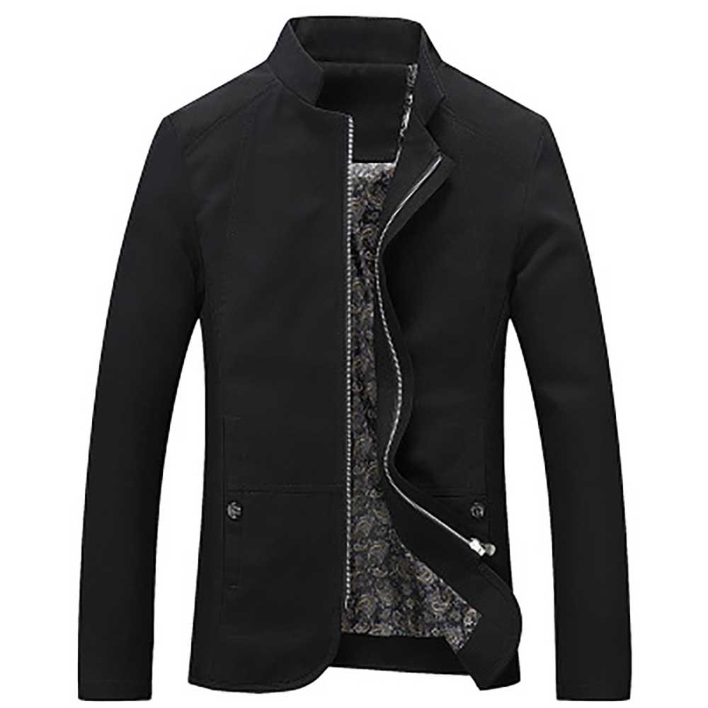 Men's Autumn & Winter Business Casual Stand Collar Coat Slim Fit Jacket With Zipper Size M - Black