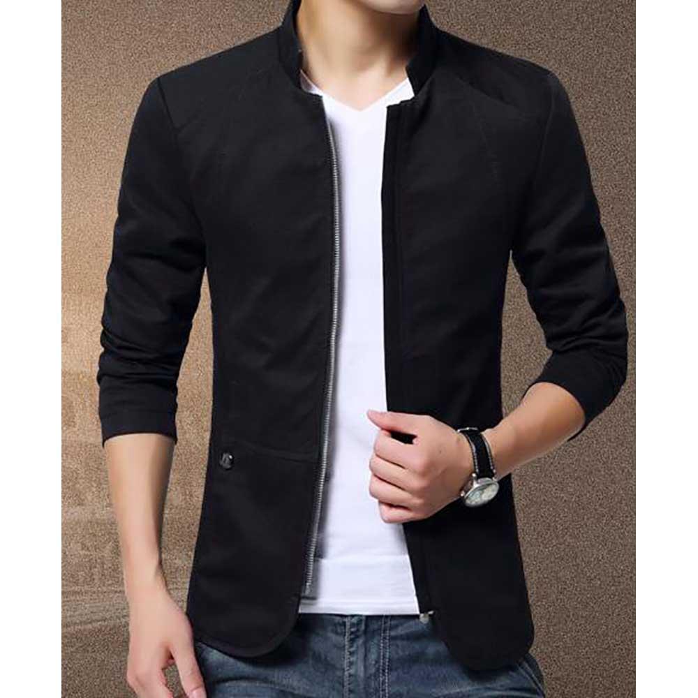 Men's Autumn & Winter Business Casual Stand Collar Coat Slim Fit Jacket With Zipper Size M - Black
