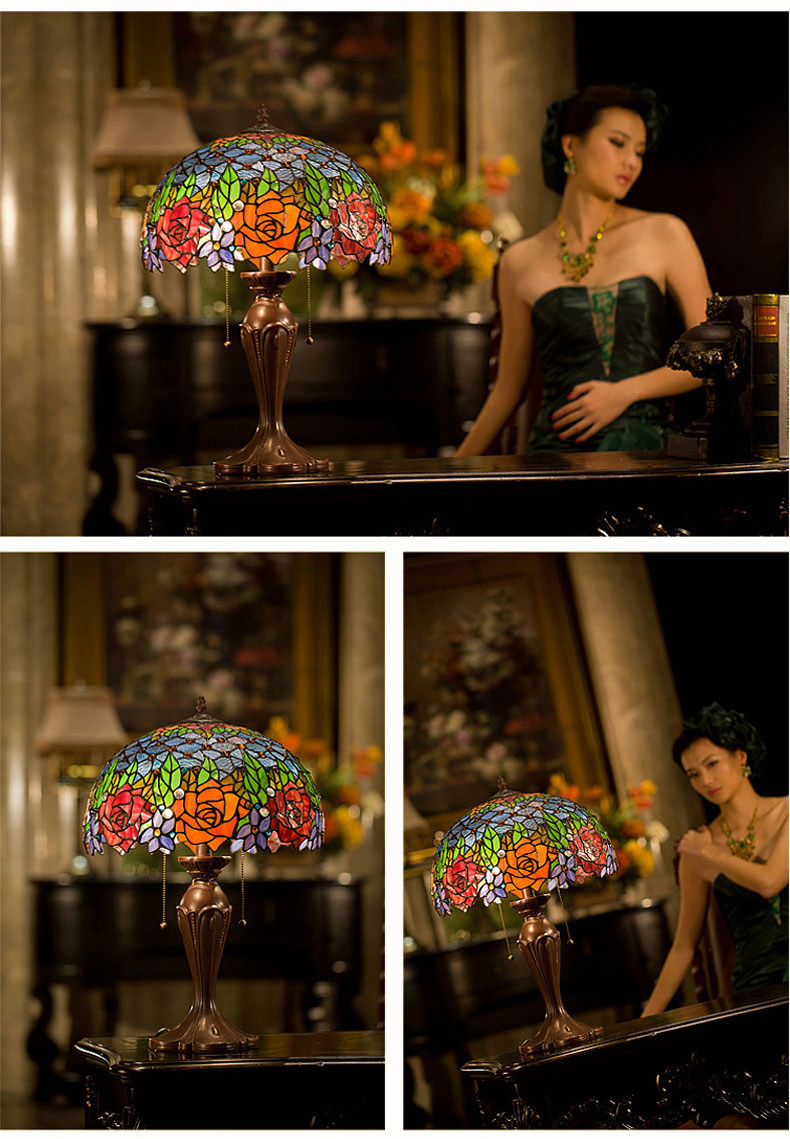 FUMAT Tiffany Style Stained Glass Table Lamp - Romantic Grape Rose Design(768 PCS Glass)