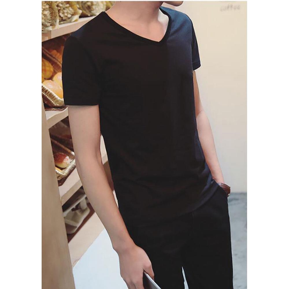 Men's Basic V-neck Short Sleeve T-shirt (Personality Tee Cultivating Size M) - Black