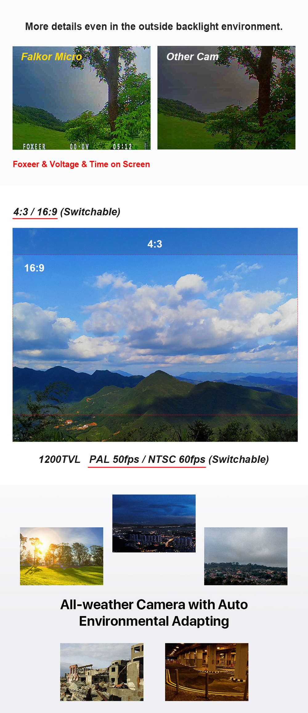 Foxeer Micro Falkor WDR 1.8mm 1/3 CMOS Sensor 1200TVL Wide Voltage 5-40V OSD FPV Camera 16:9 4:3 N/P Switchable - Black