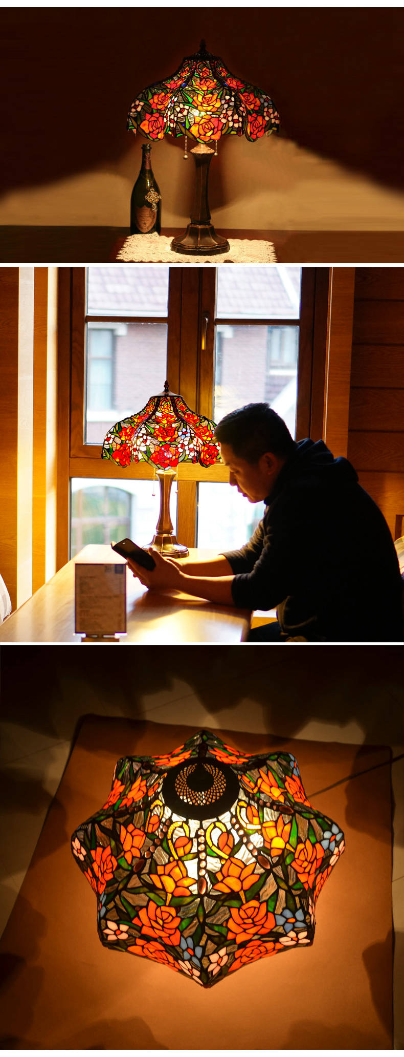 FUMAT Tiffany Style Stained Glass Table Lamp - Romantic Grape Rose Design(768 PCS Glass)